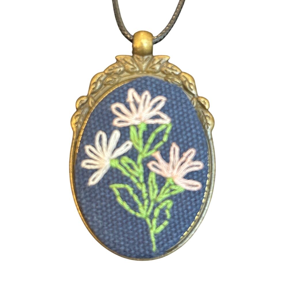 Daisy Bouquet on Blue Fabric Embroidery Necklace